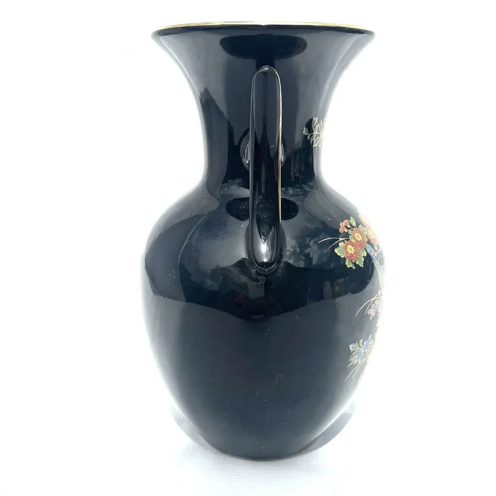 Japanese Double Handled Black Vase/Urn w/ Peacock/Cherry Blossoms 10.5